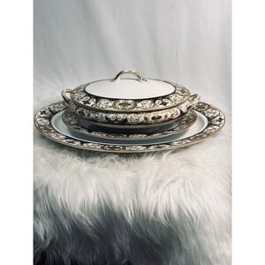 Vintage Noritake Hand Painted Tureen and Platter Set Gold Moriage Black Japan